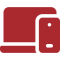 Red laptop and smartphone icon on black.